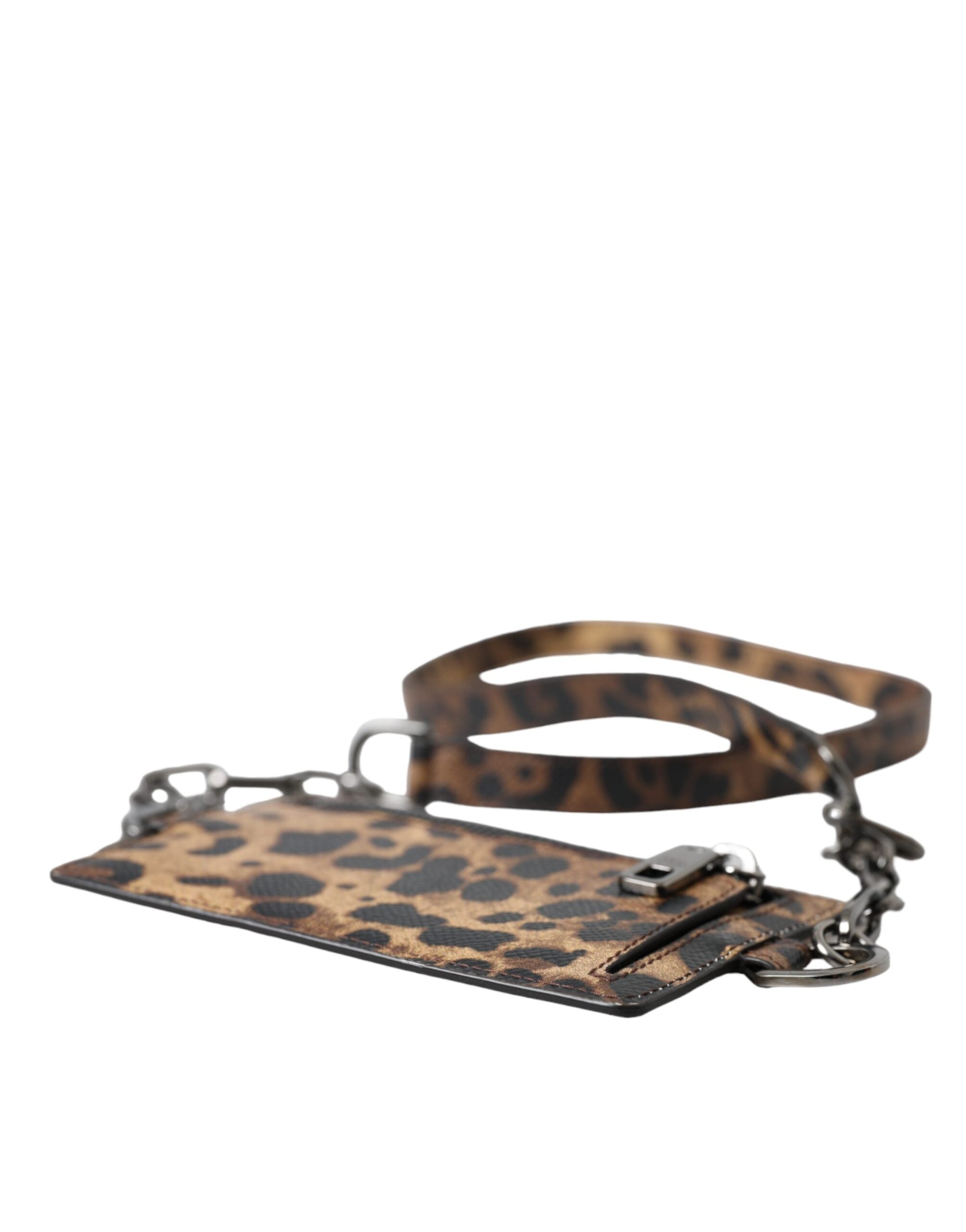 Dolce & Gabbana Kahverengi Deri Leopar Desenli Logo Plakalı Kartlık Cüzdan